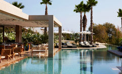 The pool area at Avant Mar, which opened in July on the Greek island of Paros.