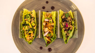 The Anti-anxiety taco is made with asparagus, avocado, salmon, and spinach; the Dream taco includes carrots and chicken breast; and the Stress-relieving taco features tuna, spinach, garlic and sesame seeds.