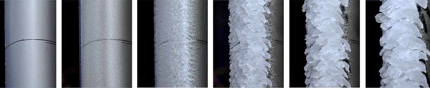 Stills from NASA showing the accretion of ice on the landing edge of a plane wing.