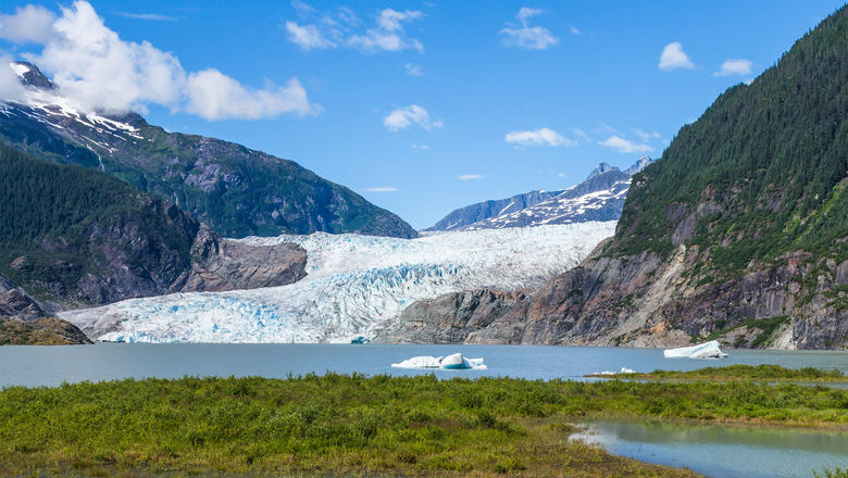 The face of the Mendenhall Glacier receded the length of eight football fields between 2007 and 2021.