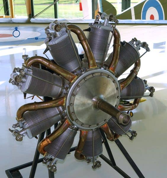 Rotary engines like this nine-cylinder Le RhÃ´ne ruled the skies in WWI but gave way to more practical designs even before the war's end. Photo courtesy Evergreen Aviation and Space Museum