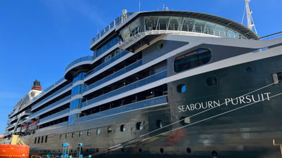 The Seabourn Pursuit expedition ship at the T. Mariotti shipyard in Genoa, Italy.