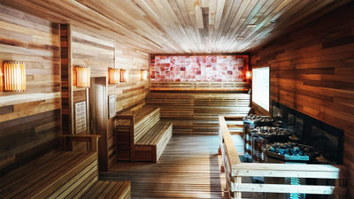 The resort's spacious Finnish sauna, featuring salt-lined walls, is one of the highlights of the Alyeska Nordic Spa.