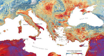 A map of the Mediterranean region shows land surface temperatures on the morning of July 17, when air temps soared into the triple digits.
